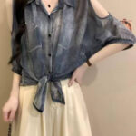 Cut sleeve printed sheer shirt top